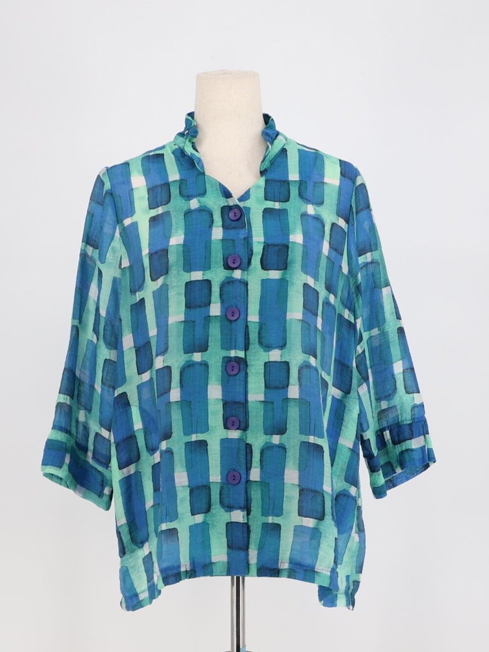TERRA SJ Apparel Lightweight Semi Sheer Button Front Tunic Top Blue Green Size M